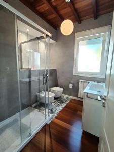 uma casa de banho com uma cabina de duche em vidro e um WC. em Casa a Antiga Tenda em Santiago de Compostela