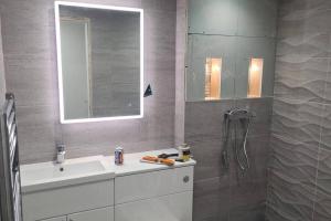 y baño con ducha, lavabo y espejo. en Stunning Refurbished 1 Bedroom, Harbour Apartment., en Ayr