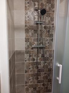 een douche met een douchekop in de badkamer bij Studio indépendant dans villa in Néffiès