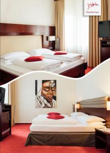 a hotel room with two beds with red carpet at Hotel de France Wiesbaden City in Wiesbaden