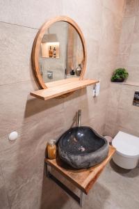 a bathroom with a stone sink and a mirror at WITTMANN Ganze Apartments in Gifhorn in Gifhorn