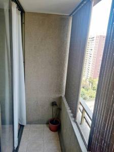 a bathroom with a potted plant next to a window at Apartamento en las alturas, santiago! in Santiago