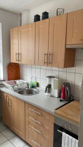 a kitchen with a sink and wooden cabinets at FeWo Oberhausen-Alstaden (Gornig) in Oberhausen