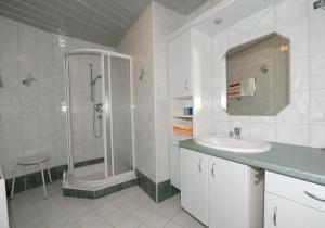 un bagno bianco con doccia e lavandino di Ursprunghof a Zeutschach