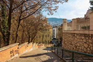 uma rua numa cidade com árvores e edifícios em Apartments EMERALD Free Garage Parking em Saraievo