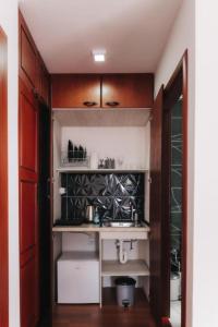 a kitchen with a sink in a room at Hotel Castrum in Skopje