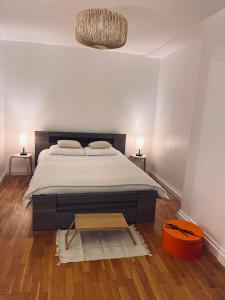 a bedroom with a large bed and two lamps at Chic Apartment on the famous shopping Rue du Faubourg Saint-Honoré street in Paris