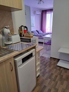 a kitchen with a sink and a stove top oven at Stensi Atlantis studia in Ravda