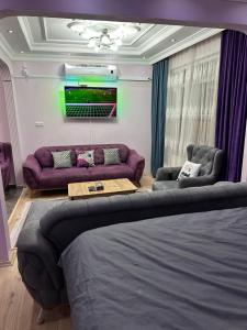 a living room with purple couches and a tv at AKSARAY METRO ALANI in Istanbul