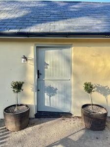 a garage door with two potted trees in front of it at Furze in Watchet