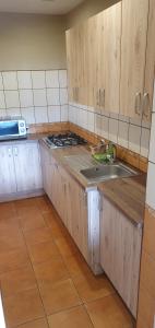 una cocina con armarios de madera y fregadero en Kwatera u Heni, 