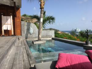 a swimming pool with a palm tree next to a house at HAPPY COTTAGE WITH PRIVATE POOL in Saint Martin