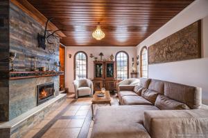 a living room with a couch and a fireplace at Rita Art Chalet Voronet in Voroneţ