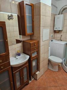 łazienka z umywalką i toaletą w obiekcie Przytulne mieszkanie/Cosy flat Chorzów w mieście Chorzów