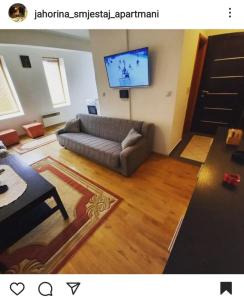 Una sala de estar con un sofá y un televisor de pantalla plana. en Ljupki studio apartman sa kaminom, en Jahorina