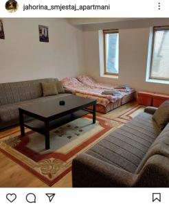 Una sala de estar con un sofá y una mesa de café. en Ljupki studio apartman sa kaminom, en Jahorina