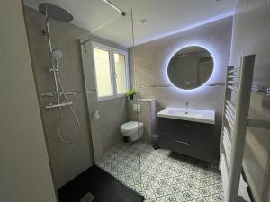a bathroom with a sink and a toilet and a mirror at maison F3 « Ô meublé de Pithiviers » 6 lits- 7 personnes in Pithiviers +21 photos