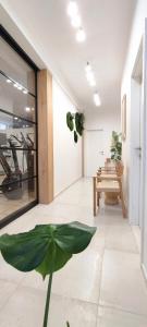 a hallway with a table and a plant in a room at Cozy Rooms Luna - Home Gym in Zadar