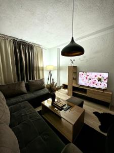 a living room with a couch and a tv at ANKA APARTMENT in Štip