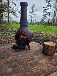 een houtgestookte oven met een boomstronk ernaast bij Gezellige Blokhut op de Veluwe in Emst