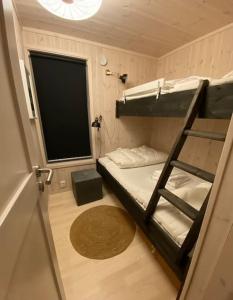 a small room with bunk beds and a window at Delikat hytte omgitt av Hallingdals vakre fjell in Al