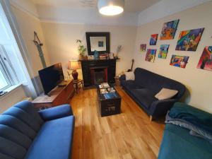 a living room with two blue couches and a fireplace at The Grapevine Hostel in Dingle