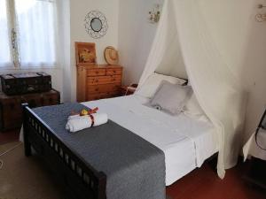 a bedroom with a bed with a canopy at Maison avec jardin, Spa privatif à proximité de Beauval et Valençay - FR-1-591-345 in Val-Fouzon