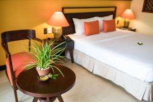 a hotel room with a bed and a table with a plant at Pandanus Resort in Mui Ne