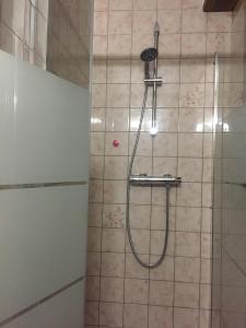 une douche avec un tuyau sur un mur carrelé dans l'établissement Grande Chambre climatisée chez Xavier, à Wasselonne