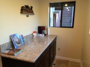 a kitchen with a counter top with a microwave at Jamestown Railtown Motel in Jamestown