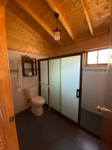 La salle de bains est pourvue de toilettes et d'un plafond en bois. dans l'établissement Cabañas Lihuén SPA, à Parral