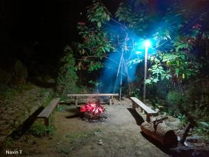 ein Park mit Bänken und einer Straßenbeleuchtung in der Nacht in der Unterkunft Tathagata Farm in Darjeeling