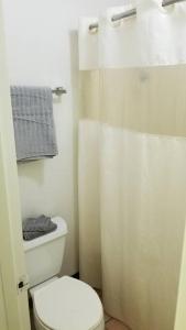 a bathroom with a white toilet and a shower at OSU 2 Queen Beds Hotel Room 131 Wi-Fi Hot Tub Booking in Stillwater