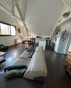 uma sala de estar com um sofá e uma cozinha em Appartement de la laiterie avec petit jardin. em Eysus