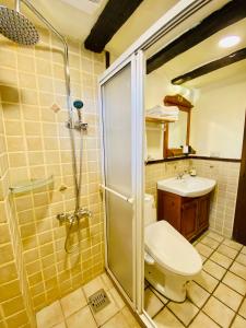 a bathroom with a shower and a toilet and a sink at 見晴花園山莊Sunshine Villa in Renai