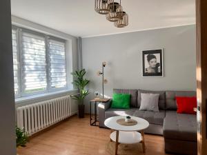 salon z kanapą i stołem w obiekcie Apartament Joanna 2 parter w mieście Gliwice