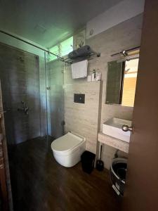 uma casa de banho com um WC, um chuveiro e um lavatório. em Tito's Homestay em Kalimpong