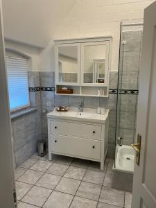 een badkamer met een wastafel en een douche bij Bielenberg 37 in Kollmar