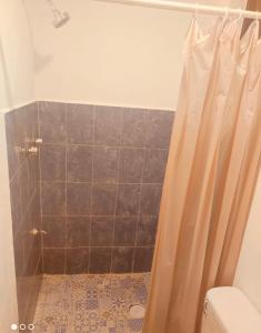 a bathroom with a shower with a tiled floor at Casa Adiel in Campeche
