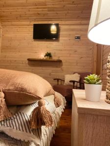 ein Schlafzimmer mit einem Bett und einem TV an der Wand in der Unterkunft Kempings Bejas in Babīte