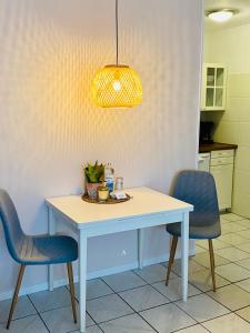 a dining room table with two chairs and a light fixture at Kajüthus Apartment 4 in Fehmarn