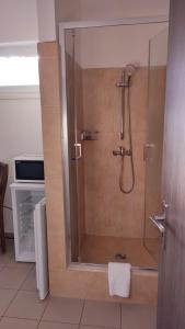 a shower with a glass door in a bathroom at Penzión Radlinka in Prešov