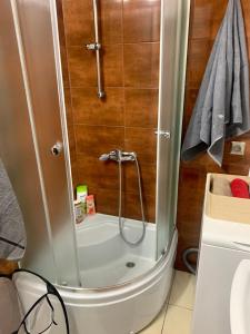 a shower stall in a bathroom with a toilet at Apartament Joanna 2 parter in Gliwice