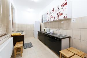 a small kitchen with a sink and a counter at Pensiunea Cașoca-Cascadă in Siriu