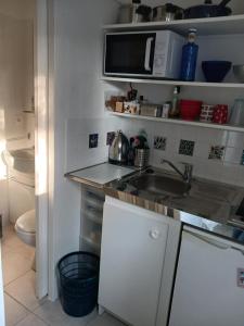 uma cozinha com um lavatório e um micro-ondas em studio charmant et calme villeneuve les avignon entrée et cour indépendantes climatisation piscine parking em Villeneuve-lès-Avignon