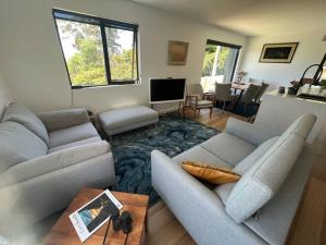 a living room with two couches and a television at New, Contemporary, Well Appointed, Beach House in Kingston Beach