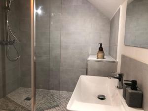 y baño con ducha y lavamanos. en Maison tourangelle au coeur du vignoble Loire Valley en Vouvray