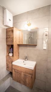 a bathroom with a sink and a mirror at Zatoka Kal in Węgorzewo