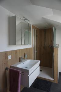 a bathroom with a sink and a shower at Ferienwohnung Jenbachtal in Bad Feilnbach