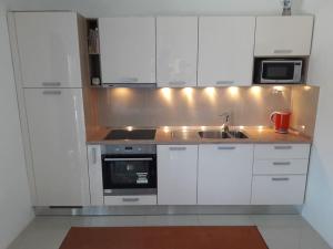 a kitchen with white cabinets and a sink at Sunset Apartment in Sevid